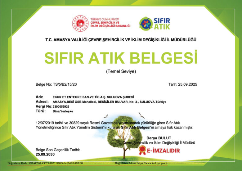 Amasya Et Ürünleri Sıfır Atık Sertifikası